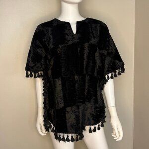 Vintage 1970s Black Velvet Poncho with Fringe, Handmade Size Small-Medium